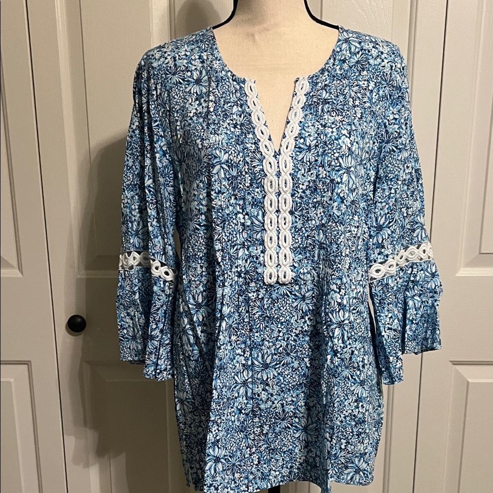 EUC, LILY PULITZER BLUE FLORAL HOLLIE TUNIC TOP SIZE XL - Picture 5 of 11